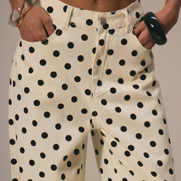 Beige Casual Women's Dainty Polka Dot Denim Straight Leg Mid Rise pants - Picture 5 of 5